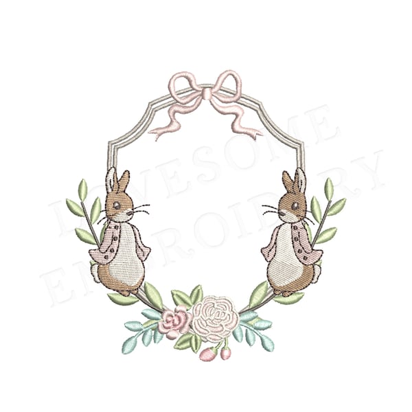 Floral Rabbits Bow Crest 4x4 Machine Embroidery Design Digital Download | Lovesome Design