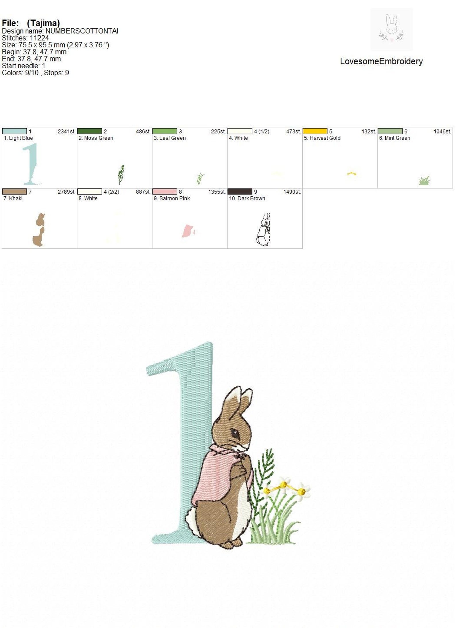 Numbers Cottontail Rabbit 4inch 0-9 Machine Embroidery Numbers Digital ...