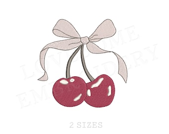 Cherries Bow Two Bigger Sizes Machine Embroidery Design, Lovely Red Pink Cherry Coquette Embroidery Digital File | Lovesome Design