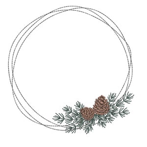 May include: A simple black circle frame with a pine branch and pine cones in the bottom right corner.