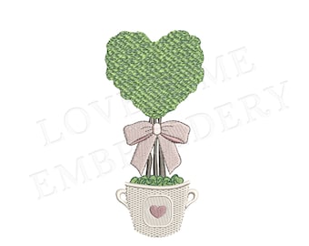 Pastel Heart Topiary 5inch Embroidery Design, Chinoiserie Chic Topiary in a Pot with Bow Digital Download | Lovesome Design