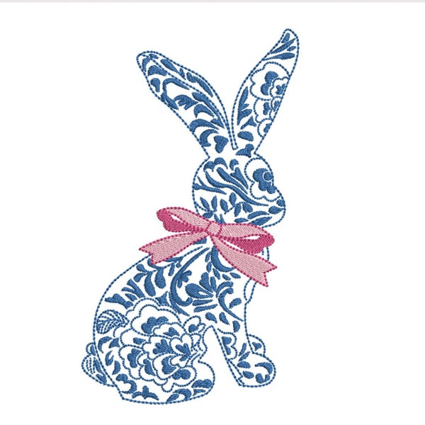 Chinoiserie Rabbit Bow 7inch Machine Embroidery Design Digital Download | Lovesome Embroidery