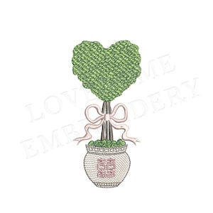 Chinoiserie Heart Topiary 5inch Embroidery Design, Valentines Day Heart Shaped Topiary in a Pot with Bow Digital Download | Lovesome Design