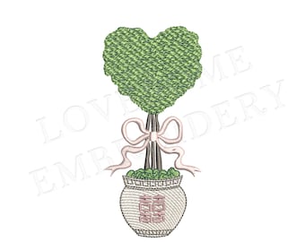 Chinoiserie Heart Topiary 5inch Embroidery Design, Valentines Day Heart Shaped Topiary in a Pot with Bow Digital Download | Lovesome Design