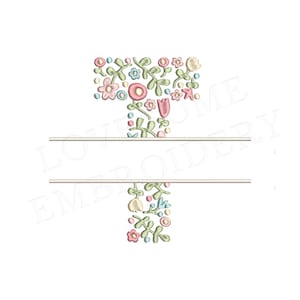 NUEVA letra floral dividida T 4 pulgadas diseño de bordado de máquina flores delicadas fuente dividida en colores primaverales descarga digital / diseño encantador