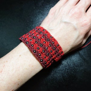 Handmade Macrame Cuff Bracelet: Burgundy & Red Boho Style