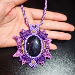 Starry Night Macrame Pendant Necklace with Blue Gold Stone- Purple and Golden Colors