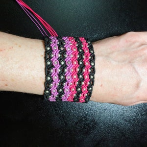 Wide-Cuff Macrame Bracelet: Pink, Black, Purple, Silver Beads