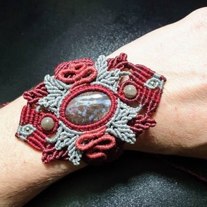 Porcelain Jasper Stone Macrame Cuff Bracelet - Dark Red and Gray Boho Hippie Jewelry
