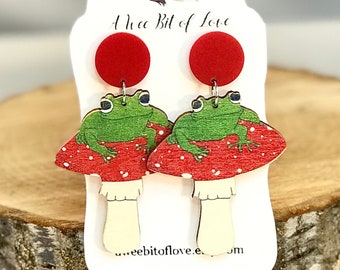 Frog on Mushroom Earrings, Mushroom Frog Earrings, Fun Earrings, Cottagecore Novelty Earrings, Handmade Jewelry Gift, Cute Earrings Women