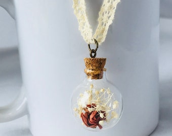 Dried Flower Necklace, Dried Rose Pendant, Cottagecore Floral Necklace, Flower Jewelry, Floral Boho Necklace, Handmade Jewelry Gift for Her