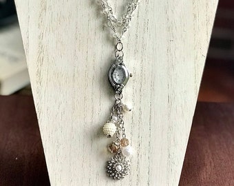 Crystal Watch Necklace with Pearls, Clock Face Necklace with Crystals, Handmade Jewelry, Gifts for Women, Crystal Necklace, Pearl Necklace