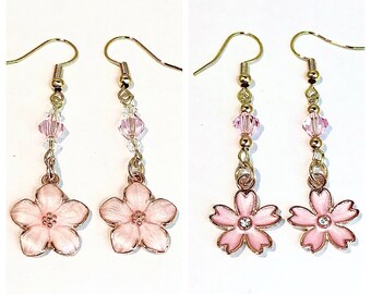 Pink Flower Earrings, Floral Earrings, Handmade Jewelry Gift for Her, Crystal Earrings, Enamel Earrings, Flower Jewelry,Floral Gold Earrings