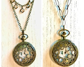 Fairy Pocket Watch Necklace, Fairy Jewelry, Antique Gold Pocket Watch Pendant, Victorian Steampunk Watch Necklace,Vintage Fairy Pocket Watch