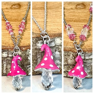 Mushroom Necklace Mushroom Jewelry Pink Crystal Necklace Unique Jewelry Handmade Jewelry Fairycore Necklace Silver Fairycore Necklace