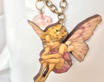 Pink Fairy Necklace, Crystal Fairy Pendant, Vintage Victorian Fairy Jewelry, Handmade Jewelry Gift for Her, Unique Statement Necklace