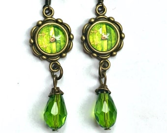 Fairy House Earrings, Fairy Door Earrings, Green Crystal Earrings, Handmade Jewelry, Christmas Gifts, Gifts for Women, Fantasy Jewelry