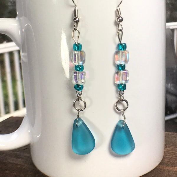 Sea Glass Earrings Dangle, Aquamarine Opalescent Earrings, Crystal Earrings, Gifts for Women, Handmade Jewelry, Beach Earrings,Beach Jewelry