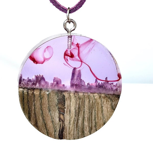 Wood and Resin Necklace, Purple Landscape Necklace, Purple Mountains Pendant, Handmade Jewelry Gift for Her, Surreal Landscape Necklace