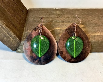 Leaf Earrings, Leaf Jewelry, Nature Earrings, Copper and Glass Plant Earrings, Mixed Media Earrings, Chunky Earrings, Handmade Jewelry Gifts