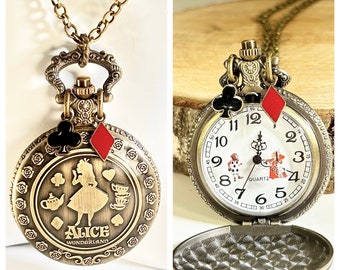 Alice in Wonderland Pocket Watch, Vintage Pocket Watch Necklace, Alice in Wonderland Necklace, Watch Necklace for Women, Steampunk Locket