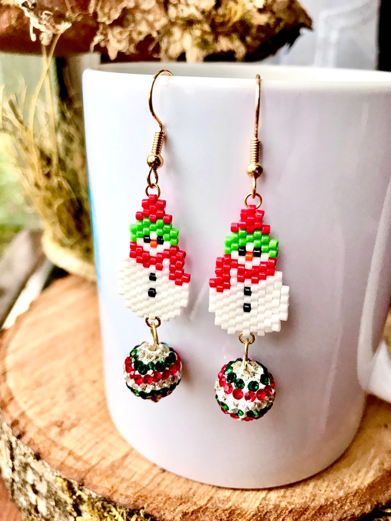 Beaded Christmas Earrings, Reindeer Earrings, Snowman Earrings, Beaded