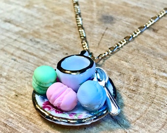 Tea Cup Necklace, Macarons Necklace, Tea Set and Macaron Ceramic Pendant, Tea Party Food Necklace, Handmade Jewelry Statement Necklace