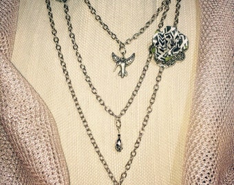 Victorian Birds Necklace, Birds Nest Pendant, Vintage Paper Flower Necklace, Victorian Multi Layered Necklace, Handmade Jewelry Gift for Her