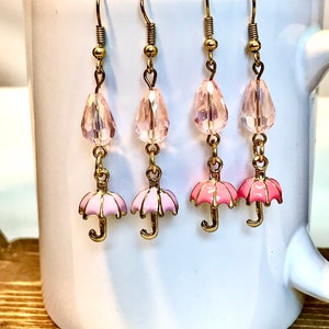 Umbrella Earrings, PNW Earrings, Rain Earrings, Pink Earrings, Lavender Earrings, Crystal Earrings, Novelty Earrings, Weather Earrings