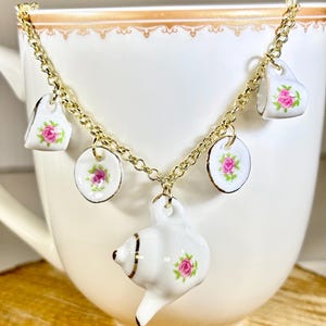 Teapot Tea Set Tea Party Necklace, Ceramic Pendant Necklace, Tea Gifts, Tea Pot Tea Cups & Saucer Jewelry, Tea, Gift for Her, Tea Kettle