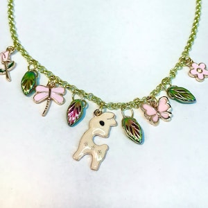 Pink Cottagecore Necklace, Butterfly Necklace, Dragonfly Necklace, Pink Enamel Necklace, Flower Necklace, Handmade Jewelry Gift for Her,Deer