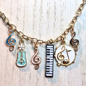 Music Teacher Gift Necklace, Handmade Jewelry, Music Necklace,Gold Charms Enamel Charms,Drum Keyboard Cello Piano Necklace,Gift for Musician