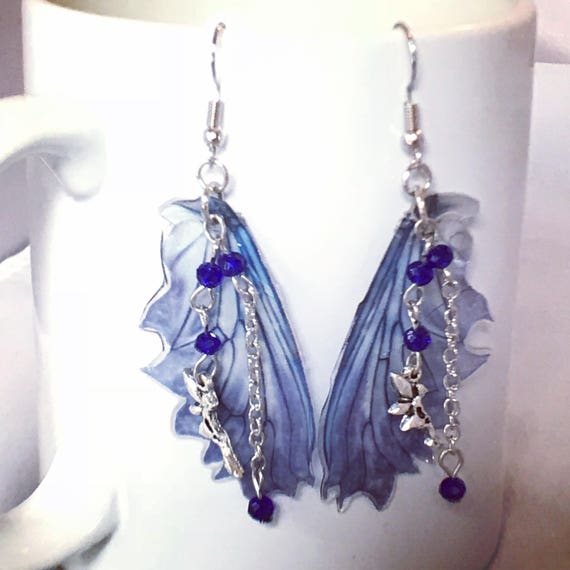 Blue Fairy Wing Earrings With Blue Crystals And Silver Fairy Etsy