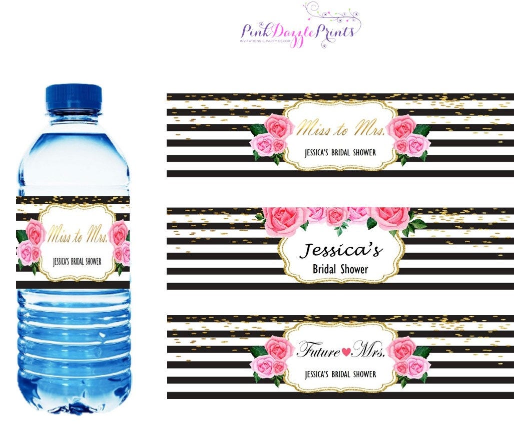 Stripes and Pink Floral Water Bottle Labels Bridal Shower Etsy