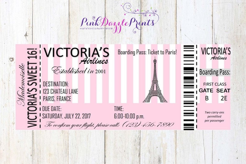 Printable Sweet 16 Paris Boarding Pass Invitation Digital Etsy