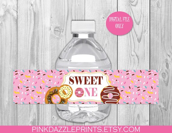 Donut Water Bottle Labels- First Birthday- Sweet One-Donut Grow Up Party- Party Favors- Digital File ONLY Il_570xn