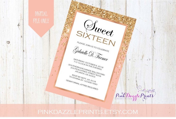 Blush & Gold Glitter Invite- Sweet 16 Glitter Invitation- Pink and Gold- Digital File ONLY Il_570xn