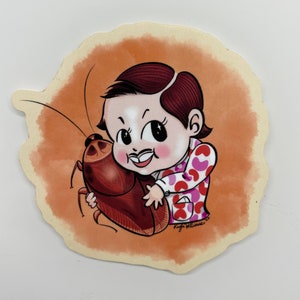 May include: A cartoon illustration of a person with brown hair and a pink and white polka dot shirt holding a large brown cockroach. The background is a light orange color.