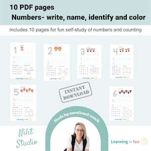 Number activities for kids, Home school printable, Toddler workbook, Kindergarten worksheets, numbers-write, name, identify and color