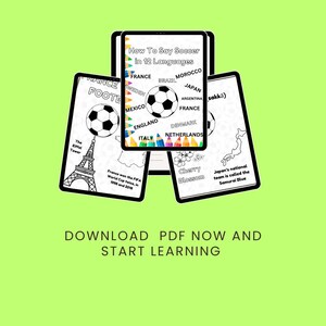 May include: A digital illustration with the text "SOCCER ALERT" and "How To Say Soccer in 12 Languages." The image includes soccer balls, flags, and the Eiffel Tower. The text "DOWNLOAD PDF NOW AND START LEARNING" is also present.
