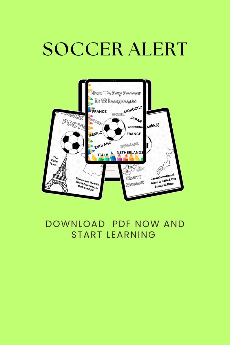 May include: A digital illustration with the text "SOCCER ALERT" and "How To Say Soccer in 12 Languages." The image includes soccer balls, flags, and the Eiffel Tower. The text "DOWNLOAD PDF NOW AND START LEARNING" is also present.