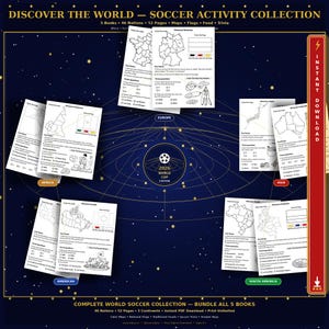Libro de actividades de fútbol mundial para niños, 46 naciones, 5 continentes, aprendizaje de geografía, PDF imprimible