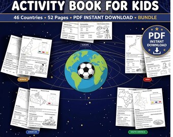 May include: A bundle of printable activity books for kids, featuring world soccer geography. The cover displays the title, "World Soccer Geography Activity Book for Kids," and includes maps, flags, food, trivia, and answer keys. The bundle includes 5 books in 1, with 46 countries and 52 pages.