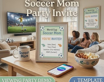 Invito per la festa della mamma a tema Coppa del Mondo di Calcio, modello Canva modificabile, download immediato.