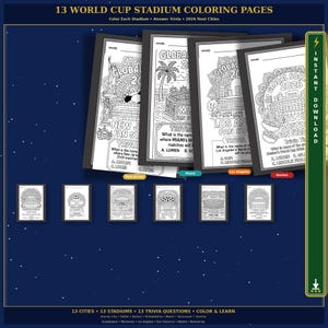May include: A digital download featuring 13 World Cup stadium coloring pages. Each page includes a stadium design, trivia questions, and the text "GLOBAL 2026". The image also includes the text "INSTANT DOWNLOAD".