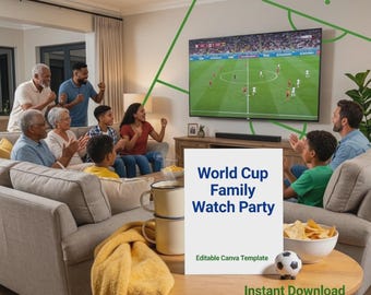 Invito per una festa in famiglia per guardare i Mondiali / Modello Canva modificabile / Download immediato
