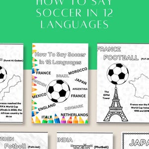May include: A green poster with the text "Learn How to Say Soccer in 12 Languages." The poster includes illustrations of soccer balls and country names like France, Brazil, and Japan. The text is in white.