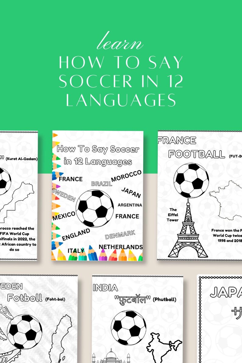 May include: A green poster with the text "Learn How to Say Soccer in 12 Languages." The poster includes illustrations of soccer balls and country names like France, Brazil, and Japan. The text is in white.