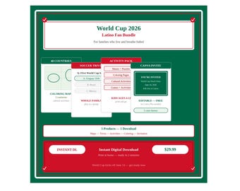 Kit per tifosi latinoamericani della Coppa del Mondo di calcio 2026 / Kit per feste a tema con mappe di 48 paesi e quiz.