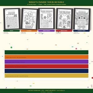 May include: A digital download bundle featuring soccer-themed activity pages. Includes mazes, coloring pages, word searches, brain games, and stadium trivia. The bundle contains 21 activity pages and 5 types of activities.